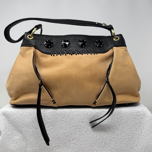 Tre Vero Leather Satchel Tan and Black Women's Handbag - Picture 2 of 16